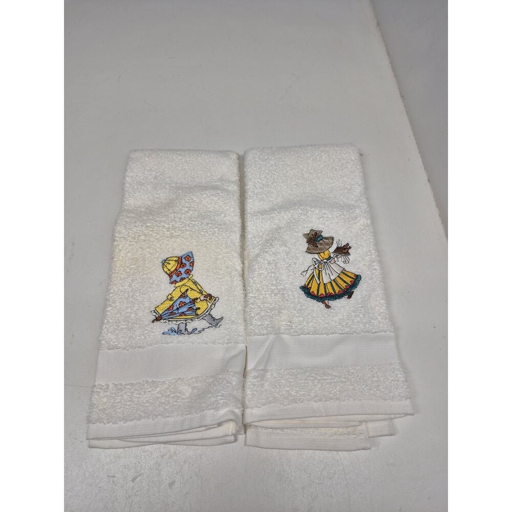 Vintage Mid-Century Dundee Embroidered Hand Towels Girls With Raincoat